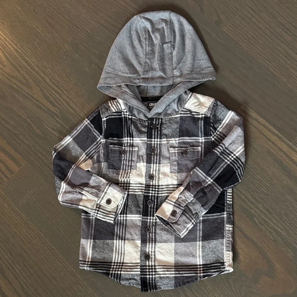 OshKosh B'gosh Black, Gray & White Hooded Flannel Shirt | 3T